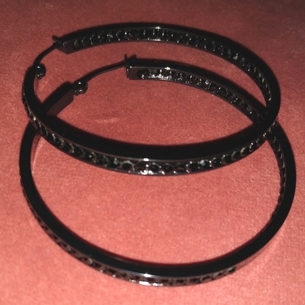 Black Rhinestone Hoop Earrings Sparkle Hoops Crystal Channel Cz Glam Statement